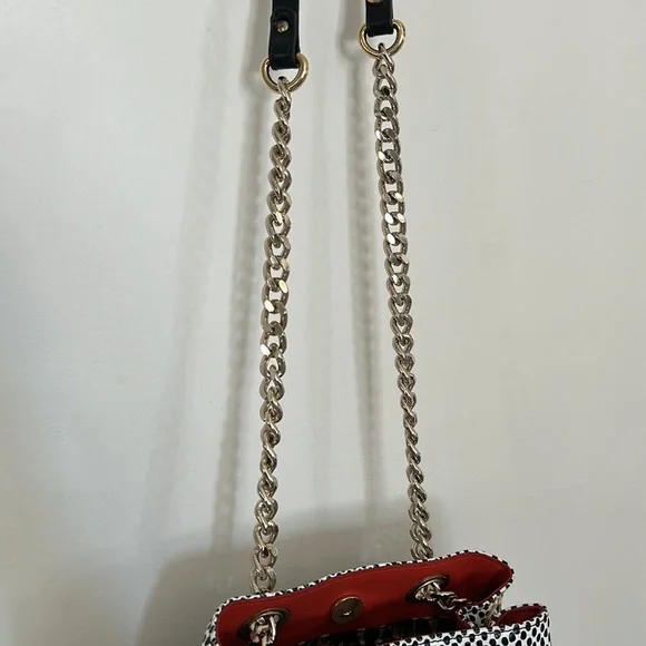 🎈FINAL PRICE🎈JUST CAVALLI Black & White Spotted Leather Bag with Black Fringe - Picture 8 of 14